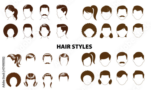 Hairstyle icon set showing various male and female hair designs in brown color  
