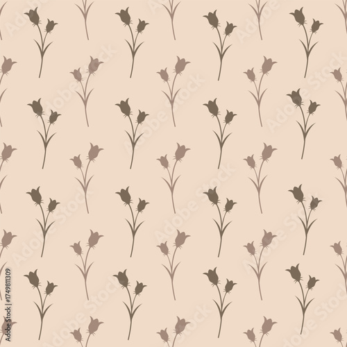 Seamless floral pattern with stylized bellflower silhouettes. Elegant botanical design for backgrounds and textiles.