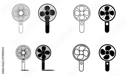 Electric fan icon set showing cooling device design in black and white style  
