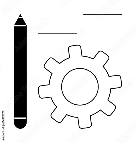 Pencil beside gear with lines suggesting writing and creativity aligned with processes thumbs up planning, innovation, and collaboration. Ideal for design, development, education, strategy