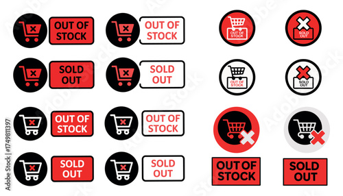 Out of stock and sold out shopping icons in red and black design  
