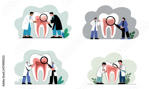 Dental care concept with dentist examining tooth using magnifying glass illustration  
