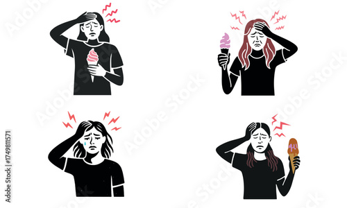 Illustration of people experiencing headache and brain freeze pain from eating ice cream
