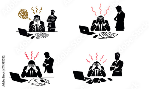 Stressed businessman with headache at office desk under pressure and workload
