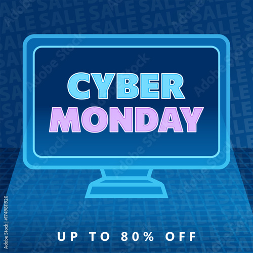 Set of Cyber Monday neon square banners with purple shopping basket, computer monitor, sale text, electronics icons, discount signs. Flat cyberpunk vector posters for social media e-commerce promotion