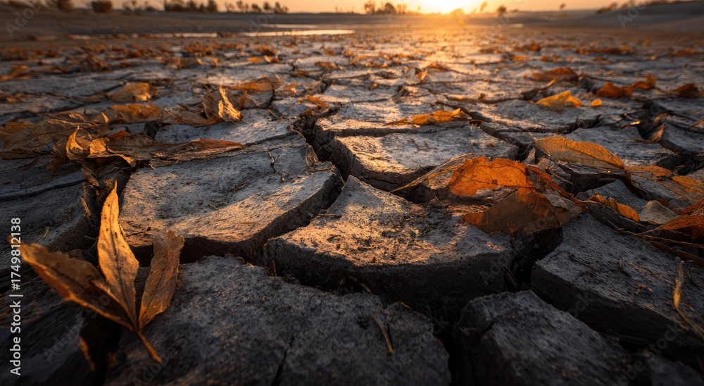 Fototapeta premium Close-up shows dried, cracked earth with fallen leaves under a bright sunset