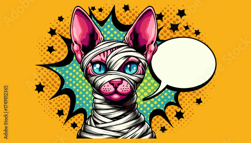Sphynx cat as mummy in retro pop art with speech bubble