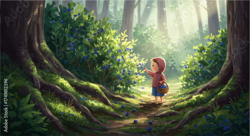 Child Picking Blueberries in Sun-Dappled Forest with Tree Roots