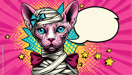Sphynx cat in mummy costume pop art style on pink background