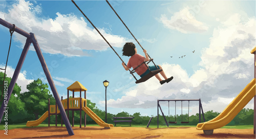 Joyful Child Swinging High on a Playground Under Blue Sky
