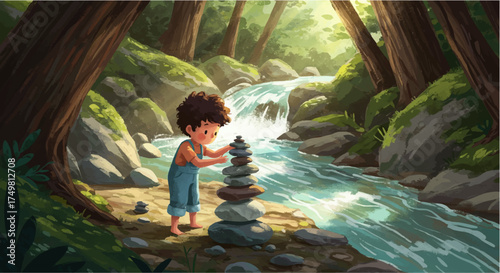 Child Stacking Serene Stone Cairns by a Rushing Waterfall