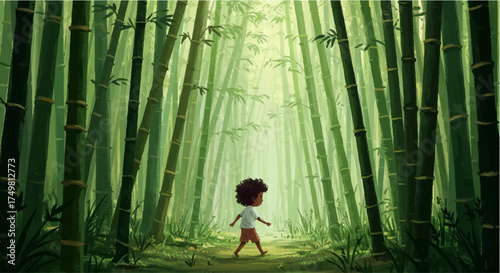 Young Child Exploring a Verdant Mystical Bamboo Forest