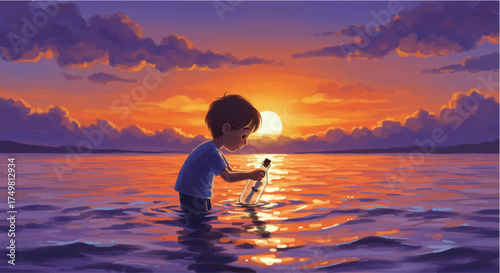 Child Discovering a Message in a Bottle at Ocean Sunset