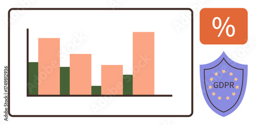 Bar graph illustrating growth and comparison metrics, shield with GDPR label signifying data security, and a percentage symbol. Ideal for analytics, privacy, statistics, business growth, reporting