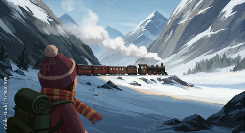 Child Watching a Vintage Steam Train in Snowy Mountains