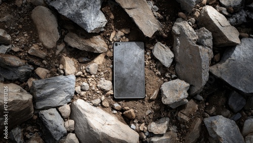 Top-down shot of a device lying on a bed of rocks and dirt, highlighting texture and contrast