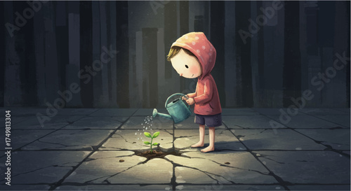 Hopeful Child Watering a Tiny Sapling Breaking Through Concrete