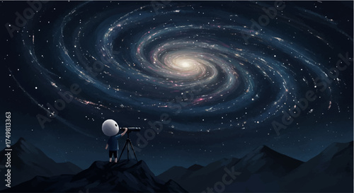 Curious Child Observing a Majestic Galaxy Through Telescope
