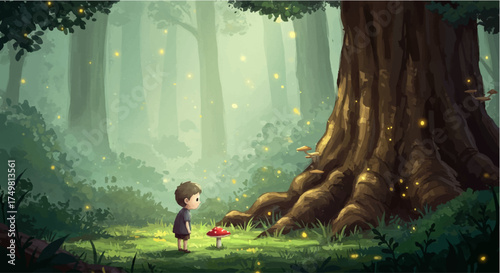 Curious Child Discovering a Mushroom in a Glowing Forest