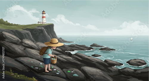 Child Collecting Unique Stones by a Lighthouse on Rocky Coast