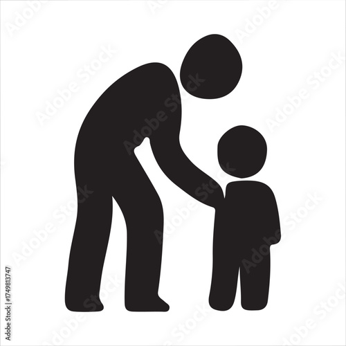 A simple black silhouette icon of a parent offering support and guidance to a child, a vector pictogram symbolizing family, care, and protection