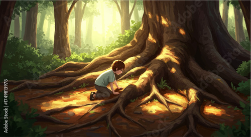 Thoughtful boy observing the intricate roots of an ancient forest tree