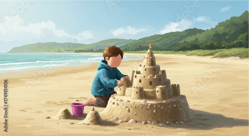 Enthusiastic boy creating an elaborate sandcastle on a sunny beach