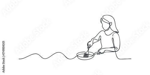 Person cooking with fork and frying pan one line drawing