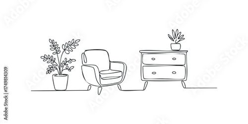 Line Drawing of Armchair and Cabinet with Plants