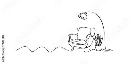 Armchair with floor lamp and plant single line drawing