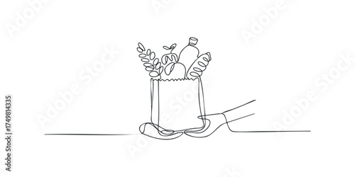 Single Line Drawing of Groceries in Paper Bag Held by Hand