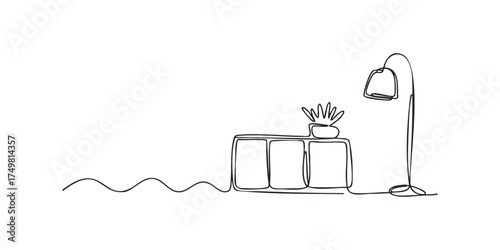 Continuous line drawing of floor lamp and cabinet with potted plant