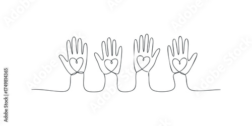 Four connected hands with hearts in palms