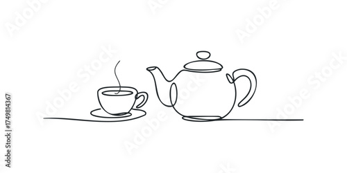 Minimalist single line drawing of a teapot and steaming cup