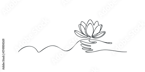 Minimalist hand holding lotus flower line drawing