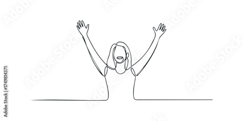 Woman Celebrating with Arms Raised in Minimalist Line Art Style