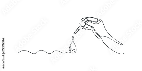 Hand holding dropper with liquid dripping onto wavy surface