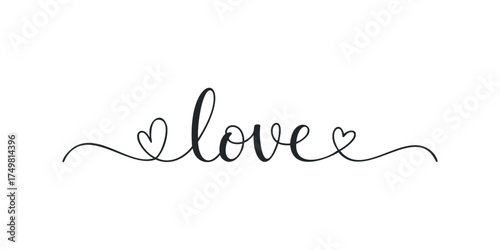 Elegant script word love with decorative hearts