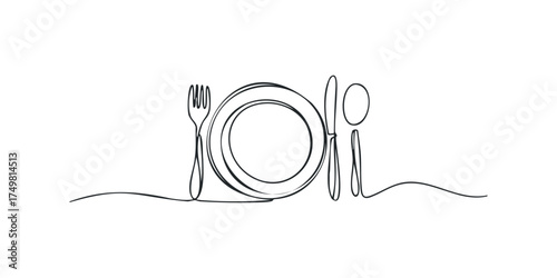 Single Line Drawing of Plate Fork and Knife