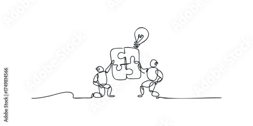 Two figures collaborating to assemble puzzle pieces with a lightbulb overhead.