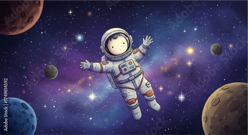 Adorable child astronaut floating amidst stars and planets in space