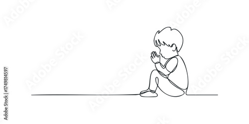 Child praying sitting down simple outline