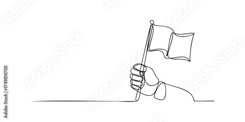 Hand holding a waving flag with a single continuous line