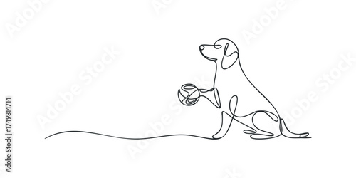 Dog sitting with ball continuous line drawing