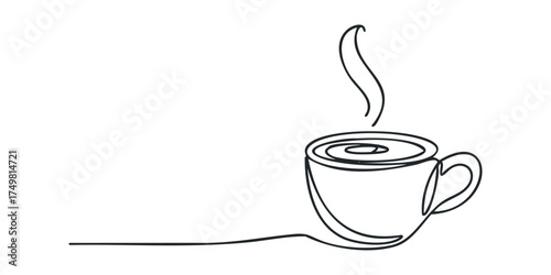 Single line drawing of steaming coffee cup