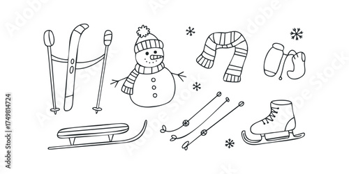 Winter activities collection with snowman, skis, skates, and sled
