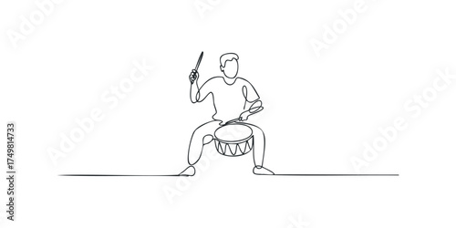 Man playing drum with sticks in continuous line drawing style