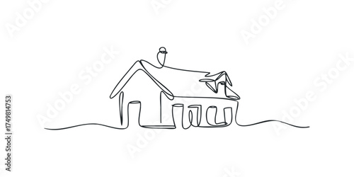 Minimalist single line drawing of a house with windows and chimney