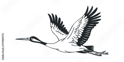 Black and white illustration of a crane in flight