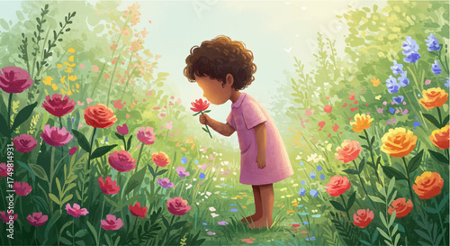 Tender child gently smelling a fragrant red flower in a lush meadow